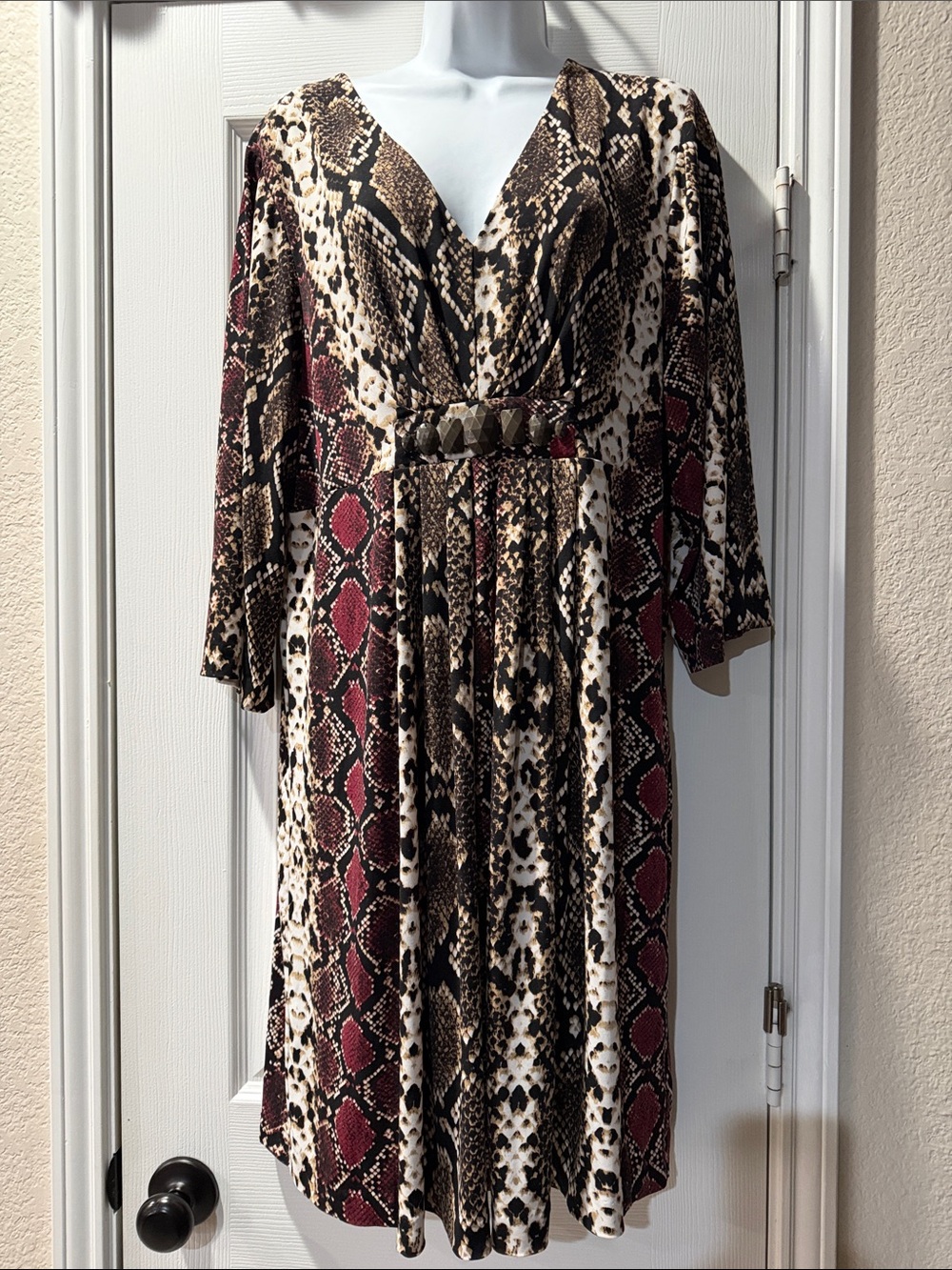 Calvin Klein Burgundy, Brown and Cream Snake Print V-Neck Midi Dress